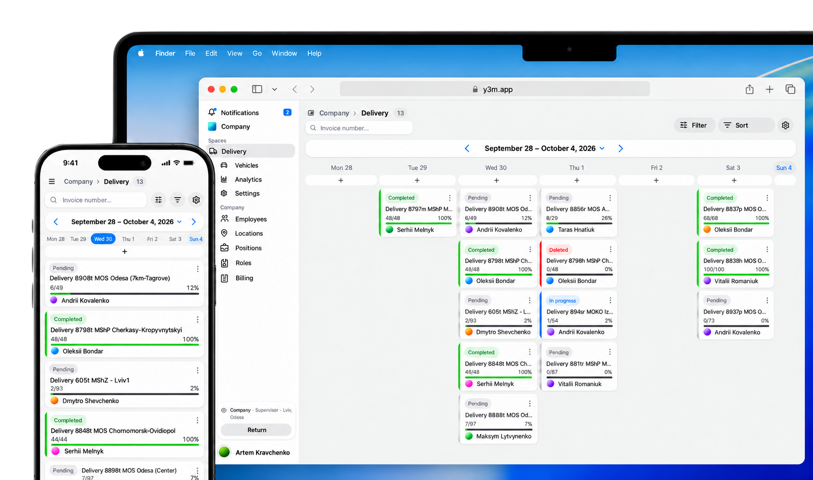 Y3M delivery management on a MacBook and iPhone